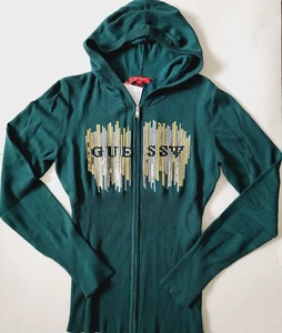 GUESS Knit Sweater Hooded Full Zip Sweater Sequins Logo Size Womens M L Green  - Picture 1 of 8
