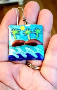 Bunte AZURBLAU Cloisonné EMAILLE KUNST Ohrringe Ozean WELLEN Strand Sterling 925 - Bild 1 von 7