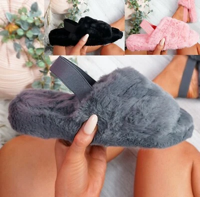 LADIES WOMENS FAUX FUR FLUFFY SLIDERS SLIP ON FLAT WARM SLIPPERS SANDALS SIZE UK
