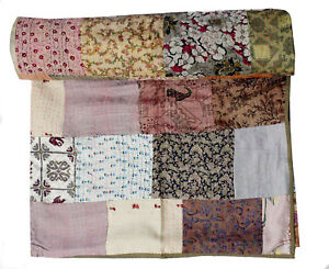 Indian Silk Sari Kantha Patchwork Quilt Bedcover Ralli Bedspread Gudari Queen