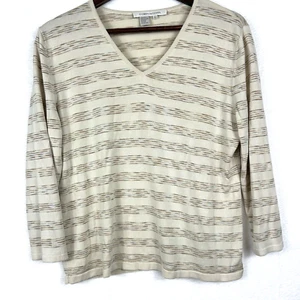 Composiciones 100% Seda Suéter Top L Neutro Cuello en V Beige Rayas Minimalista - Imagen 1 de 7