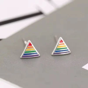 Rainbow Enamel Triangle Stud Earrings Sterling Silver 925 Striped Studs - Picture 1 of 3