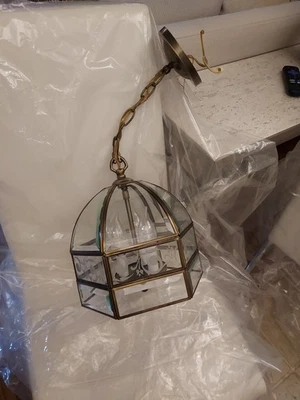 Vintage 1950s Ceiling Light Fixture Lamp Brass Beveled Glass Foyer Porch - Изображение 1 из 4