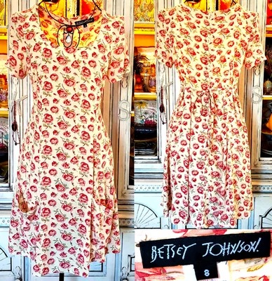 Vintage Betsey Johnson 90s Cottage Babydoll Tea Dress Cream Pink Rose Floral 8 M - Image 1 of 4