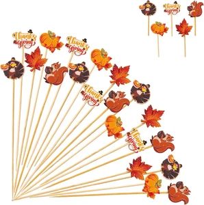125Pcs Fall Cocktail Picks Autumn Theme Turkey Squirrel Pumpkin Maple Leaf Bambo - Picture 1 of 3