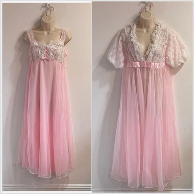 Vtg 50s 60s Nightgown Robe Set M Slip Chiffon Lace Satin Peignor Pink Lingerie - Image 1 of 4
