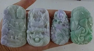 Cert'd Natural A Lavender Green Jadeite Jade Dragon Kwan-yin Phoenix Pendant 4Pc - Picture 1 of 11