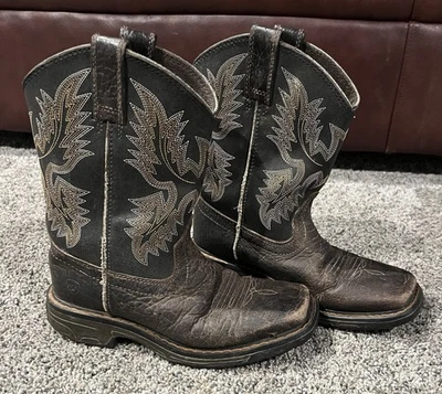 Ariat Niños 12 Botas de Vaquero Marrón Negro Western Ranch Cuero Punta Cuadrada Ancha Foto 1 de 4