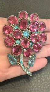 SELTENE ART DECO VINTAGE ROSA BLAU Blume STRASS 3D GROßE Brosche PIN STARET? - Bild 1 von 9