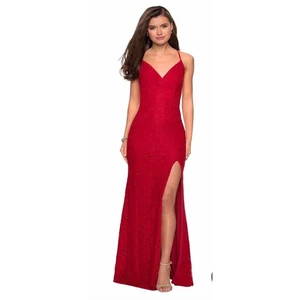 Le Femme rot Spitze lang hinten offen Tulpe Schleppe Ballkleid Eventkleid Gr. 12 L sexy - Bild 1 von 11