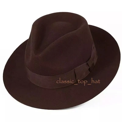 100% Wool Felt Fedora Trilby Hand Made Wider Brim Gents Hat With Band 4 Colours - Image 1 of 4