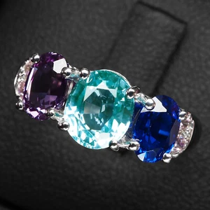 Chicly Green Tourmaline Sapphire 2.80Ct 925 Sterling Silver Three Stone Rings - Picture 1 of 9