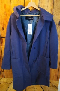 FCUK French Connection Mia Union Blue Long Virgin Wool Coat Hooded | Size SMALL - Picture 1 of 8