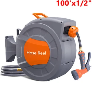 Retractable Garden Hose Reel Water Hose Reel 100'x1/2" 180° Swivel Wall-Mounted - Picture 1 of 11