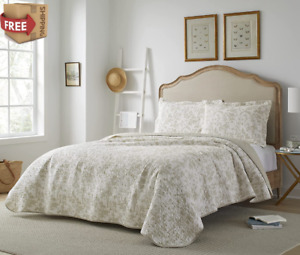 Beige Tan White Floral Toile 3 pc Cotton Quilt Set King Bedding Reversible NEW