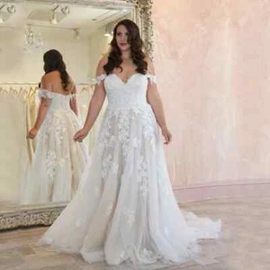 Plus Size Wedding Dresses Off Shoulder Lace Applique Tulle A-line Bridal Gowns - Picture 1 of 8