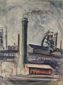 Vintage original watercolor painting landscape with factory - Picture 1 of 12