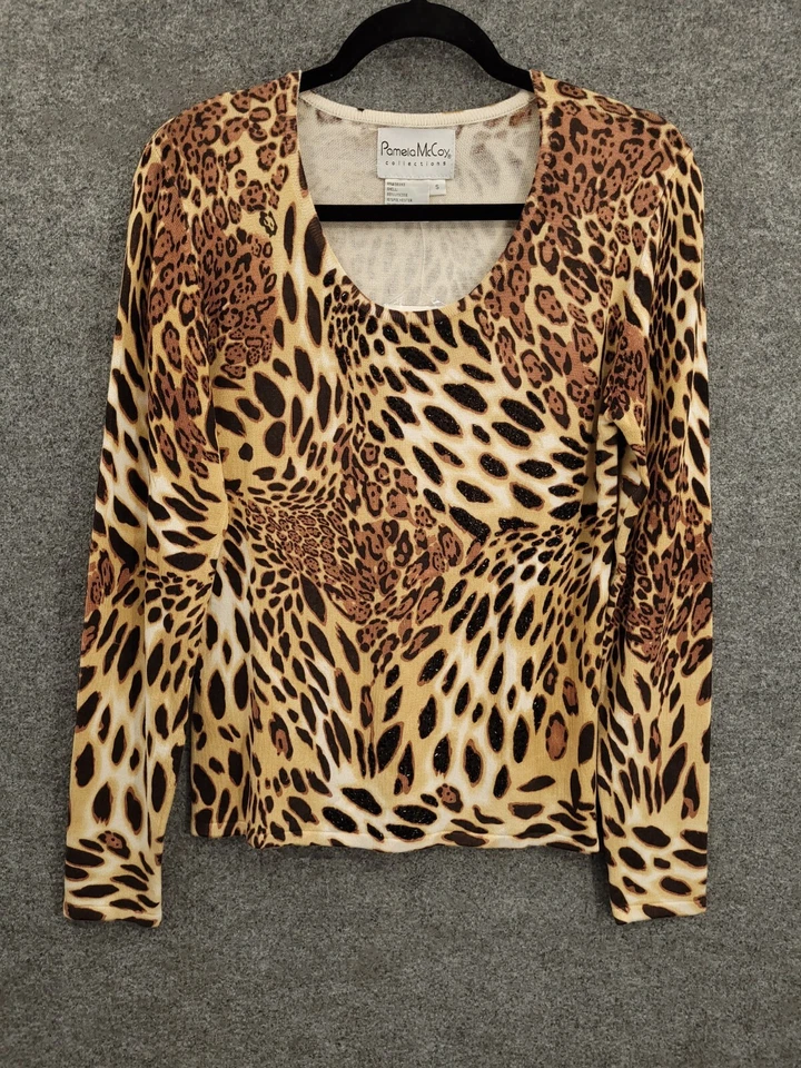 Suéter Pamela McCoy Mujer Pequeño Pullover Cuentas Cuello Redondo Beige Estampado Animal Foto 1 de 4