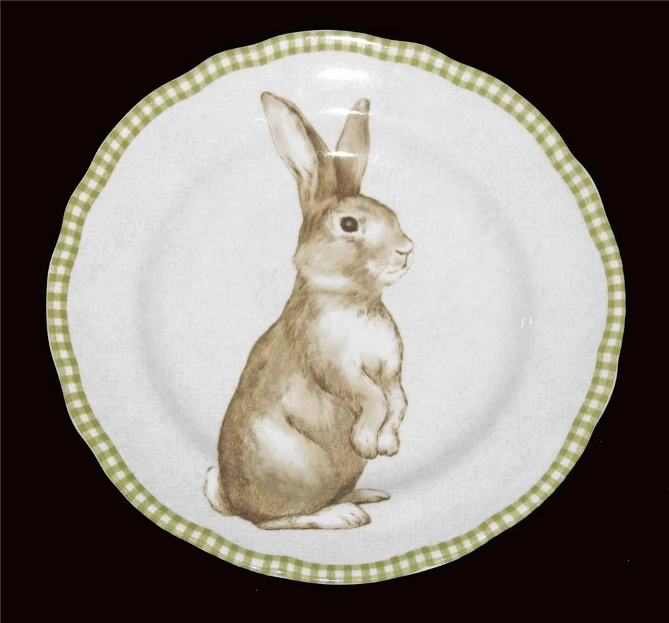 Plato de ensalada festoneado 222 Fifth Bunny Land Green Gingham Check Border 8-7/8" Foto 1 de 1