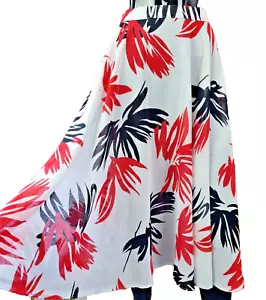 White Lightweight A-Line Midi Skirt Size UK 8 / 10 28" Waist Red Black Floral - Picture 1 of 9
