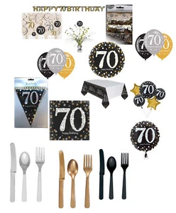 Age 70th Birthday Party Decorations Bunting Black Gold Balloons Banner Tableware - Picture 1 of 11