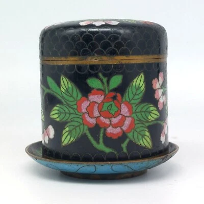 Antique Chinese Brass Cloisonne Tea Jar Box and Matching Saucer, Black with Pink - Image 1 of 4