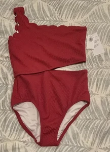 Old Navy girls red scallop trim bathing suit NEW - Picture 1 of 6