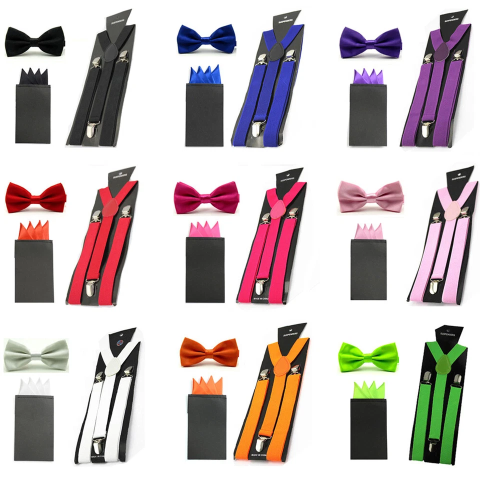 Men Satin Bowtie 4 Fancy Folds Pocket Square Hanky Stretchy Suspender Braces Set - Image 1 of 1