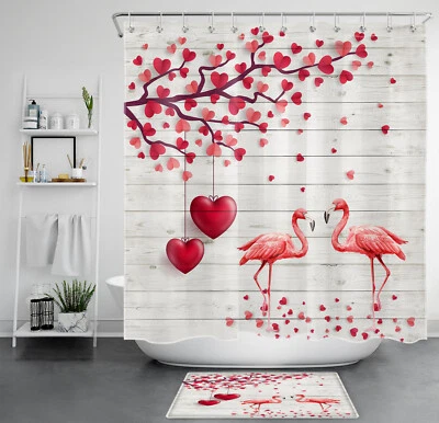 Sweet Pink Flamingo Couple Valentine's Day Shower Curtain Set for Bathroom Decor - Image 1 of 4
