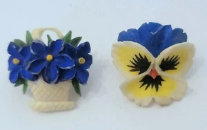 Two Vintage Signed Swiss Small Carved Resin Flower Pins - Picture 1 of 4