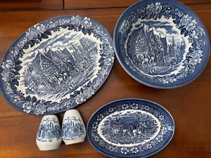 Vtg Ironstone England Blue White Serving Platter Bowl Salt & Pepper Oval Plate - Picture 1 of 9