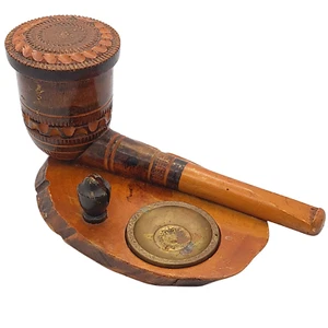 Vintage Spanish Novelty Wooden Pipe-Shaped Tobacco Pot Humidor and Ashtray - Picture 1 of 24