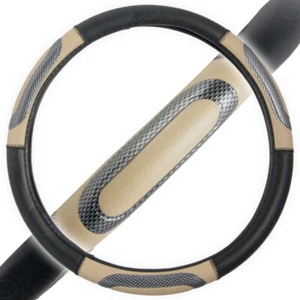 BDK Beige 2 Tone 14.5" - 15.5" Checkered Handle PU Leather Steering Wheel Cover - Picture 1 of 8