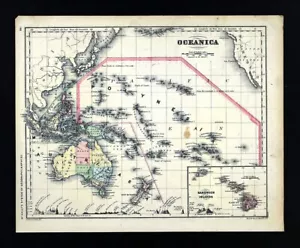 1871 J Wells Map Oceanica Australia New Zealand Polynesia Tahiti Hawaii Oceania - Picture 1 of 3