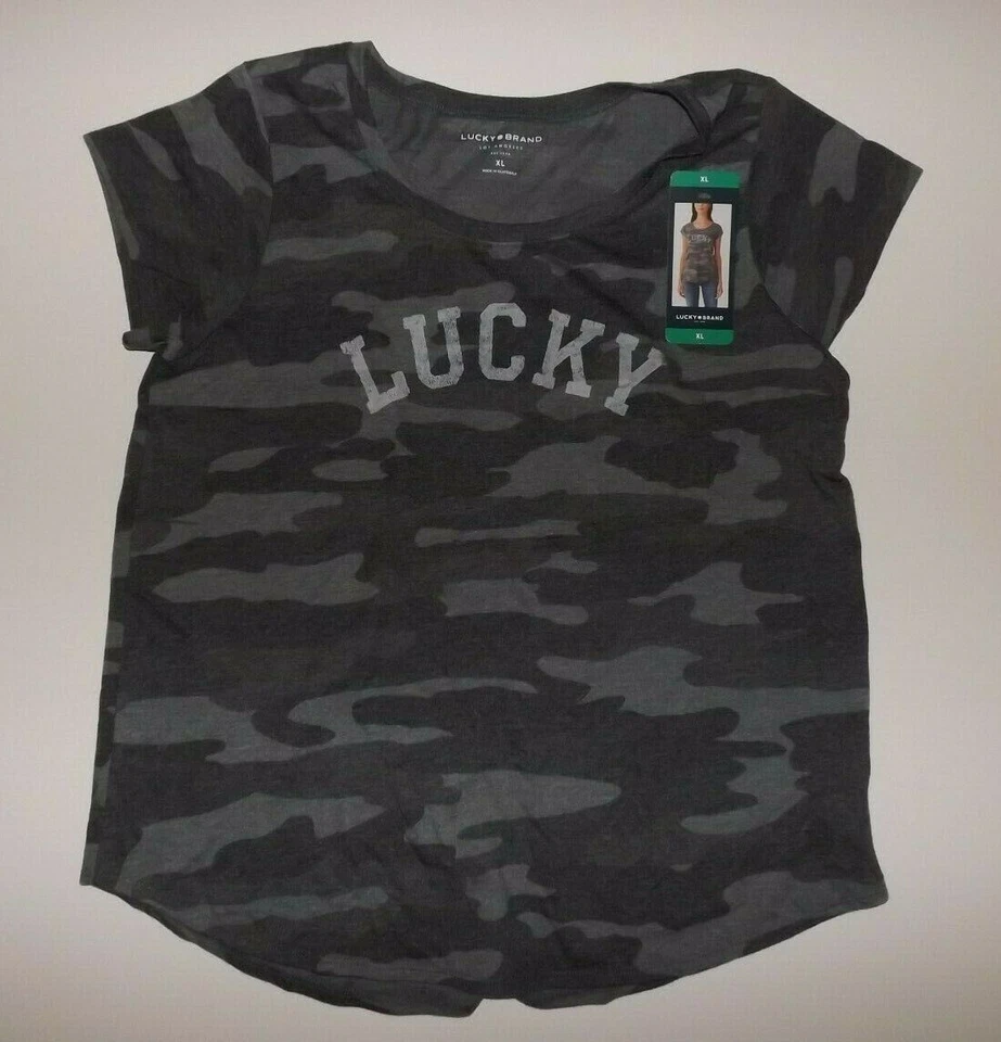 Lucky BRAND Ladies Short Sleeve Small S Tee T-shirt Grey/green Camo Scoop