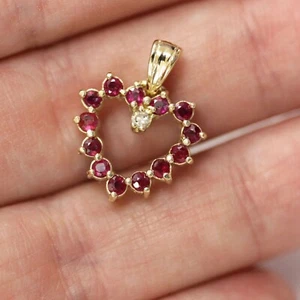 1.1Ct Round Natural Diamond & Red Ruby 14k Yellow Gold Open Heart Unisex Pendant - Picture 1 of 12