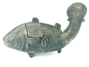 Antique Brass Asian Koi Fish Jewelry Hidden Storage Box Trinkets Ornate LG 8.5” - Picture 1 of 12