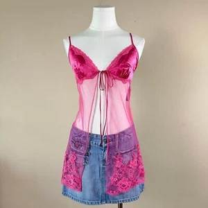 2002 Victoria's Secret Różowa koronka Babydoll Slip Top z krawatem z przodu - Zdjęcie 1 z 5