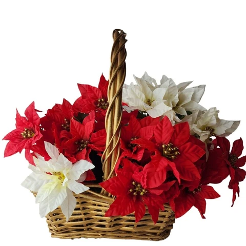 Vintage Gold Painted Woven Christmas Basket Filled with Poinsettia Flower Stems Cover