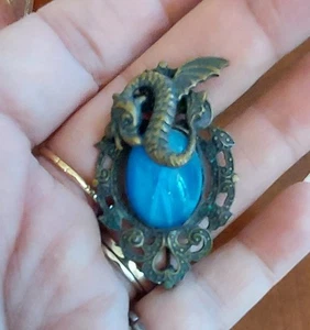 VINTAGE PEWTER DRAGON PIN/BROOCH /BLUE STONE 1-3/4" WIDE - Picture 1 of 4