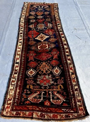 Antigua alfombra caucásica kazaja 4 X 10 C. 1880 azul marino marfil salvia mandarina pizarra azul Foto 1 de 4