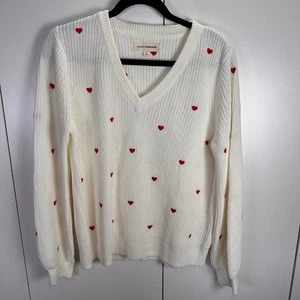 Lucky Brand Womens Lg Cream V-Neck Sweater Red Embroidered Hearts Comfy Cozy Fun - Picture 1 of 5
