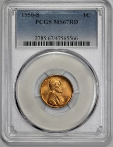 1950-S Lincoln Cent 1c PCGS MS 67 RD Wheat Penny RED - Picture 1 of 4