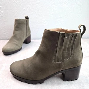 Vionic Ankle Booties Size 7.5 Army Green Suede Block Heel Comfort Short Boots - Picture 1 of 13