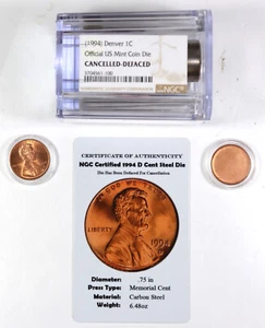 Official US Mint Coin Die Cancelled Defaced 1994 Denver 1C With Blank, Cent, COA - Picture 1 of 3