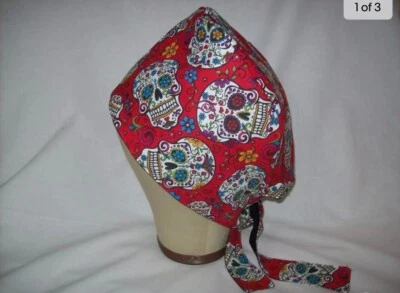 Men/Women Surgical Scrub Cap Lined Sugar Skulls Red Day of The Dead 100% Cotton - Image 1 of 3