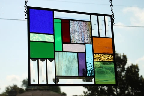Multi-Colored Modern  Stained Glass Panel, Window Hanging = 11 3/8"x 9 3/8" Cover