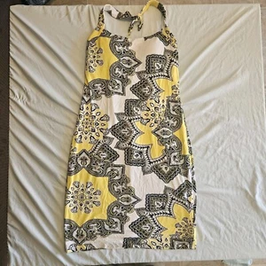 Y2K Vintage CACHE HALTER DRESS SIZE 10 Tie Back Yellow And White Spring Summer - Picture 1 of 9