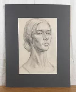 Elegant Female Head Pencil Drawing, 1970s Female Portrait, Graphite Portrait - Picture 1 of 9