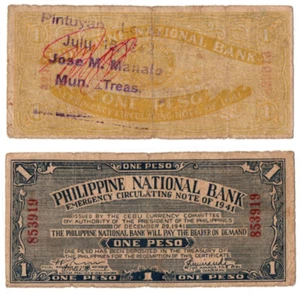 1941 Philippine Province of CEBU 1 Peso S215 C/Stamped PINTUYAN, Leyte Mun TREAS - Picture 1 of 4